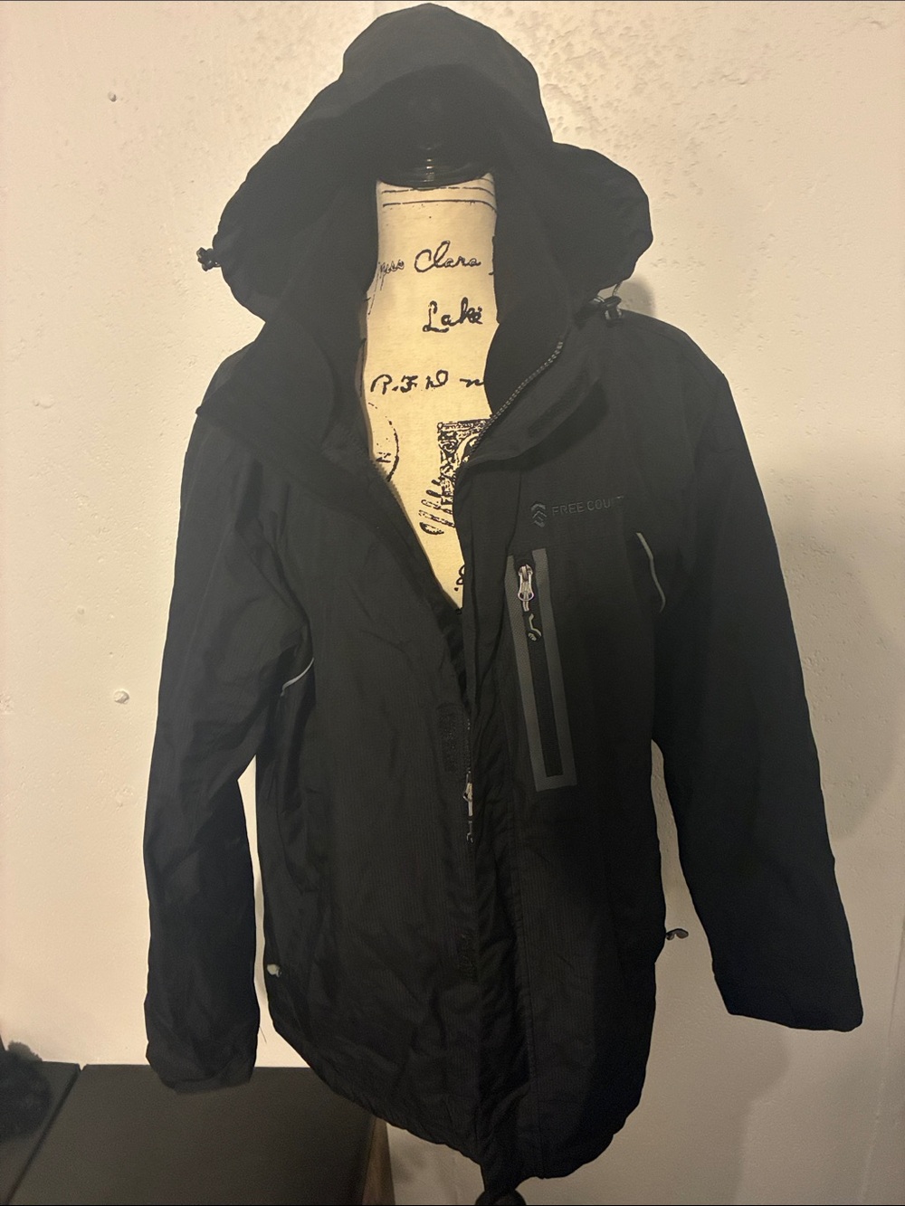 Free Country Black Hooded Raincoat with Zip Chest Pocket